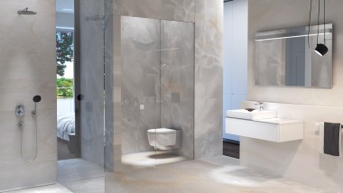 Badezimmer im Marmor-Look mit Dusch-WC Geberit AquaClean Mera und der Badserie Geberit iCon